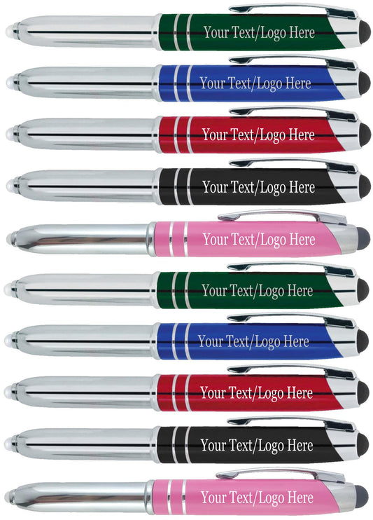 50 Personalized Pens, Flashlight, Stylus with Custom Text or Logo- Bulk Pack- for Marketing, Parties, and Events, Assorted